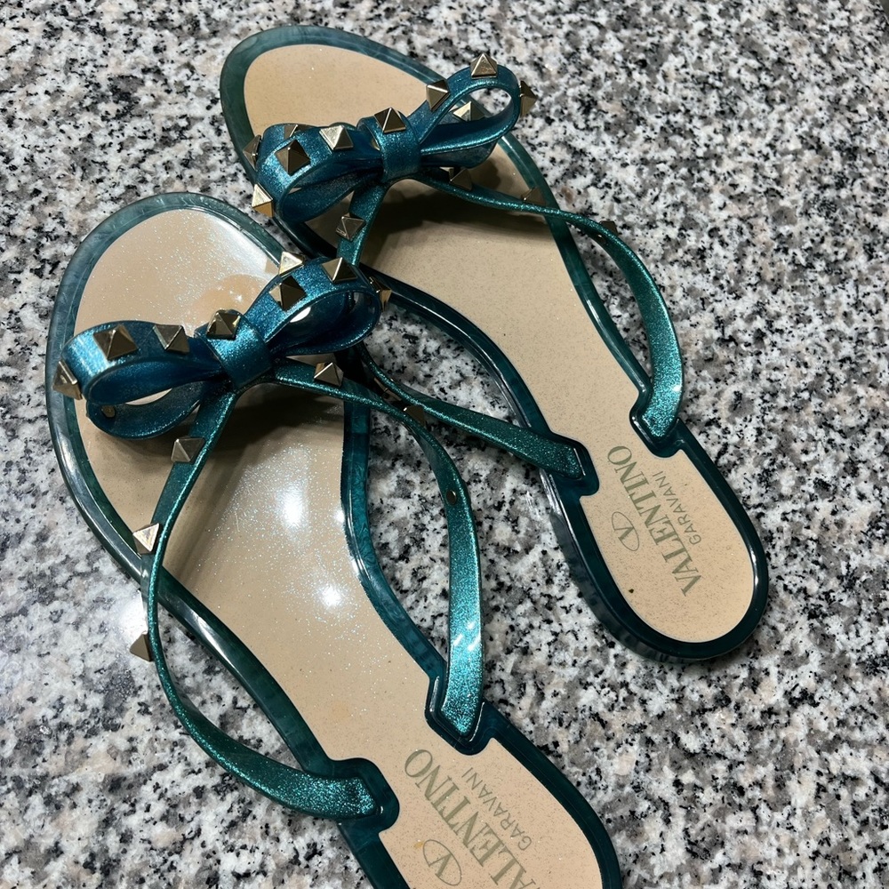 Blue/Glitter Gold Studded Valentino Sandals(flip flops)